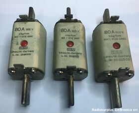 VDE0660 Tris di fusibili a coltello  SIBA VDE0660  Tre fusibili 500 Volt  80 A Ricambi Elettrici